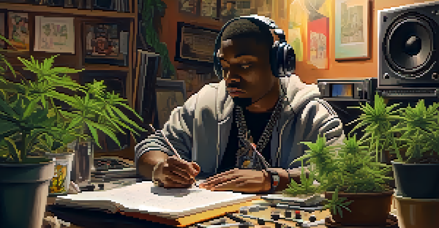 A hip-hop artist in a studio, surrounded by musical instruments and cannabis plants, illustrating the connection between creativity and cannabis use.