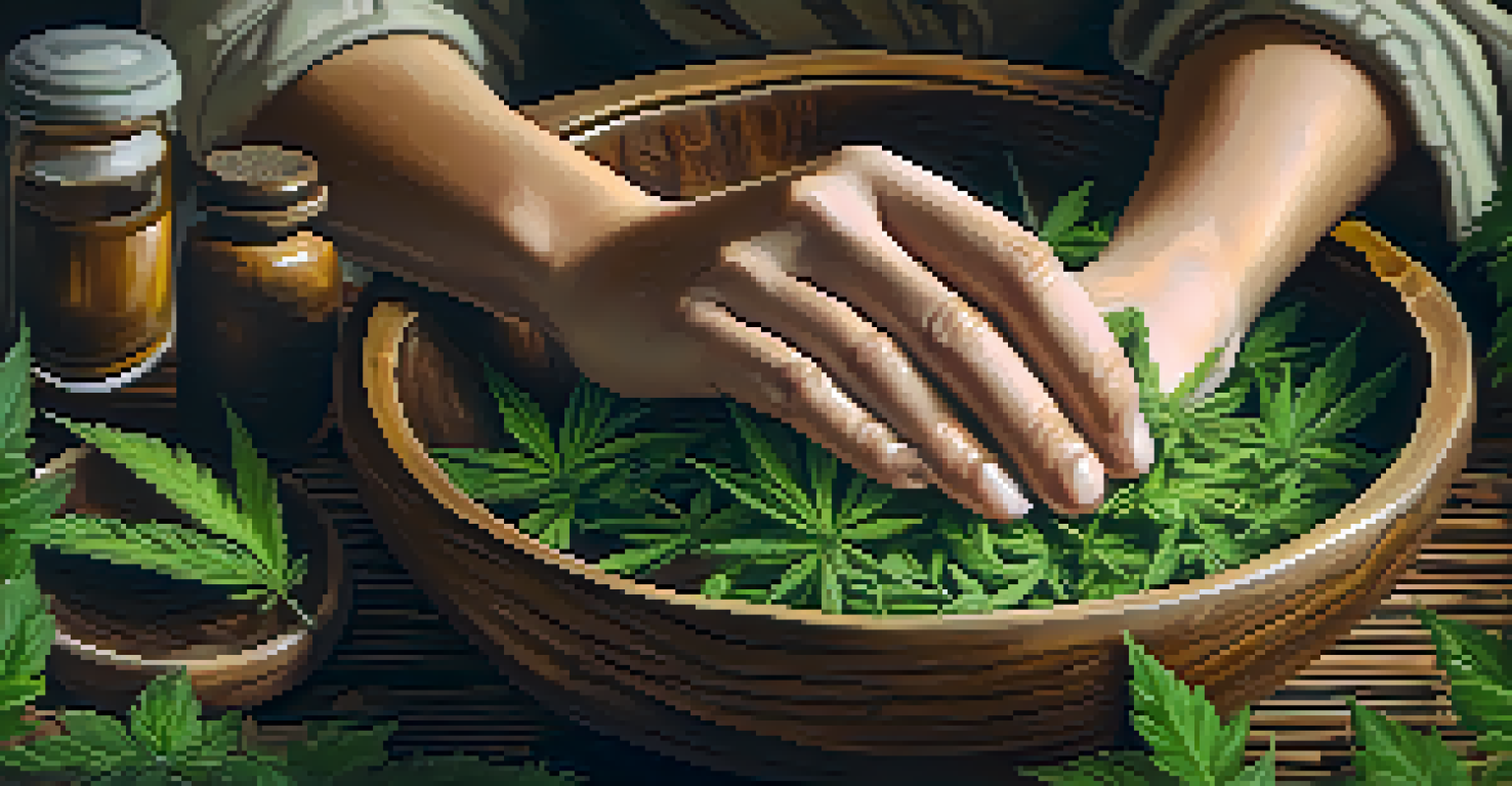 Close-up of hands preparing a cannabis poultice in a rustic setting, with fresh leaves and herbs surrounding a wooden bowl.