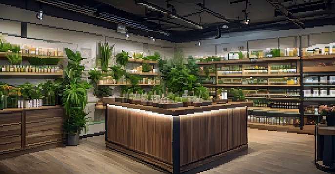 A lively marijuana dispensary with shelves full of diverse cannabis products and engaged customers interacting with staff.