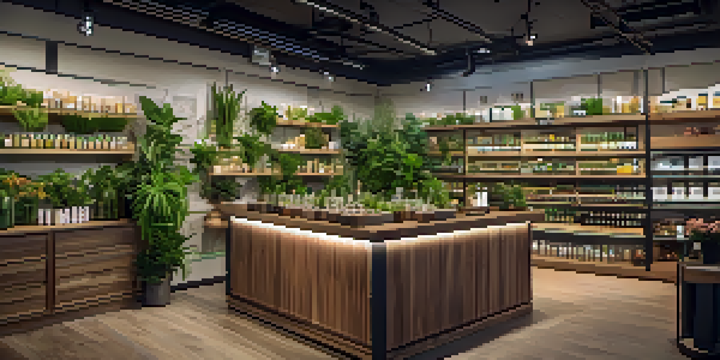 A lively marijuana dispensary with shelves full of diverse cannabis products and engaged customers interacting with staff.