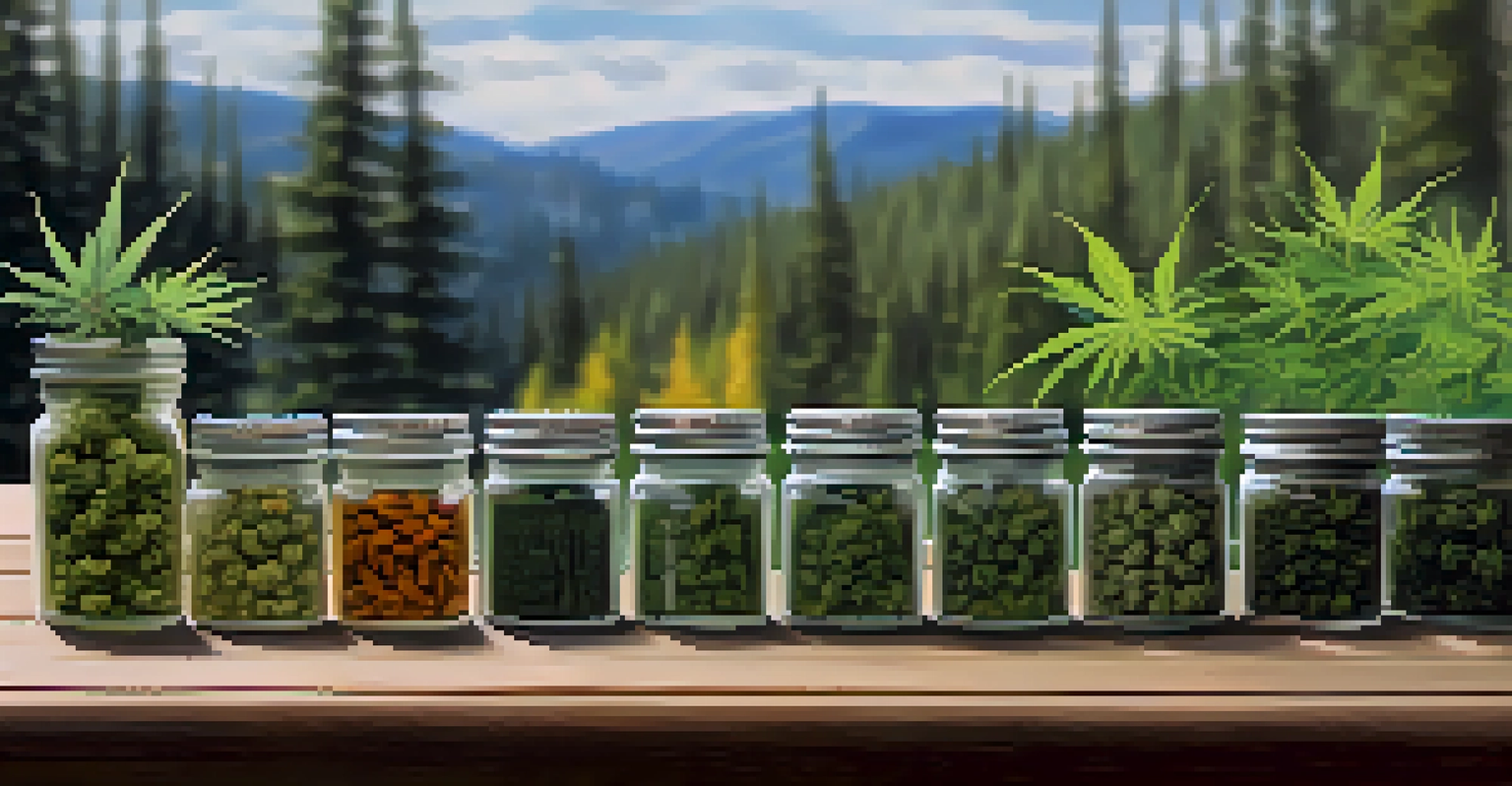 Different cannabis strains displayed on a table with a blurred nature background.