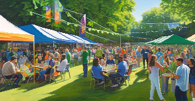 A lively community event with diverse people discussing nonprofit organizations and marijuana research, surrounded by colorful banners and booths.