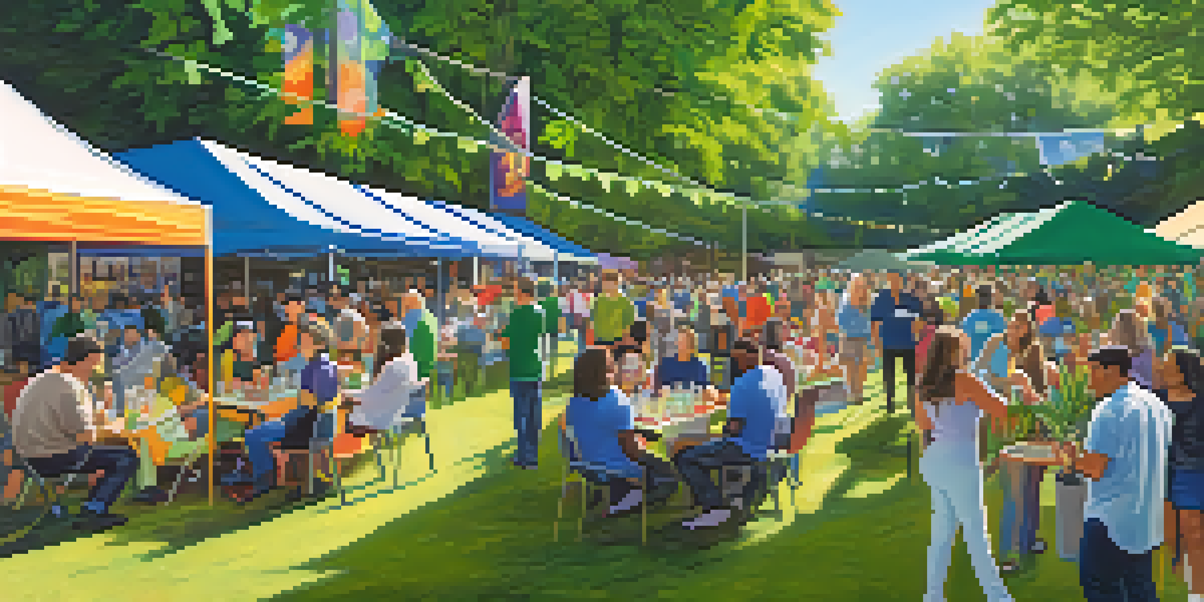 A lively community event with diverse people discussing nonprofit organizations and marijuana research, surrounded by colorful banners and booths.