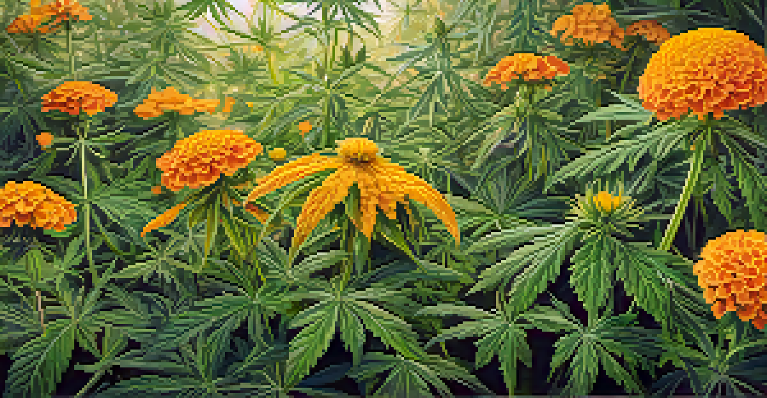 A close-up of cannabis plants and blooming flowers, with sunlight filtering through, showcasing the textures of the leaves and a few resting pollinators.