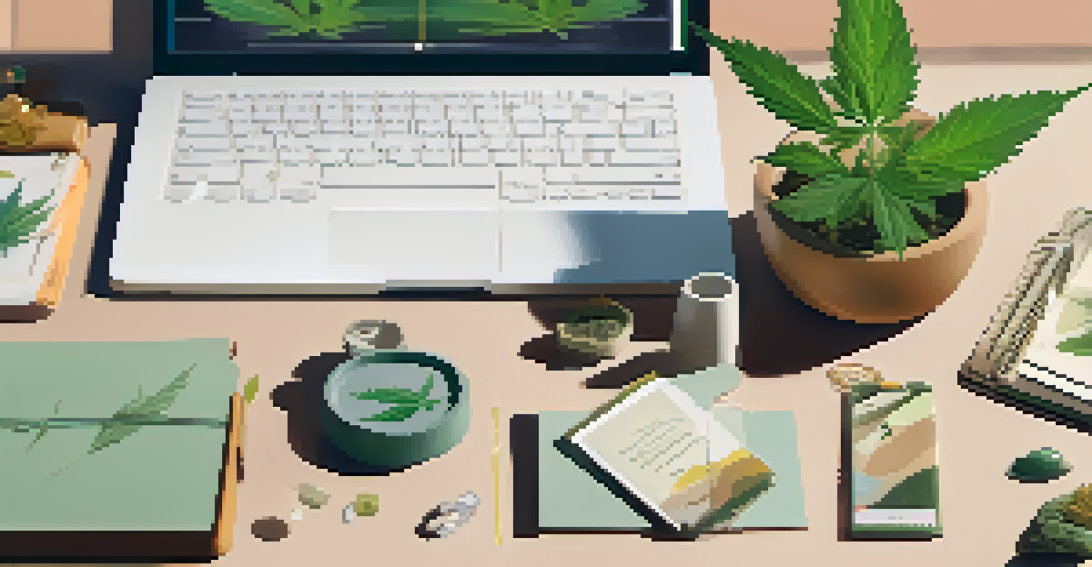 A flat lay of cannabis strains, a notebook, and a laptop showing a cannabis app, arranged in earthy tones with natural light.