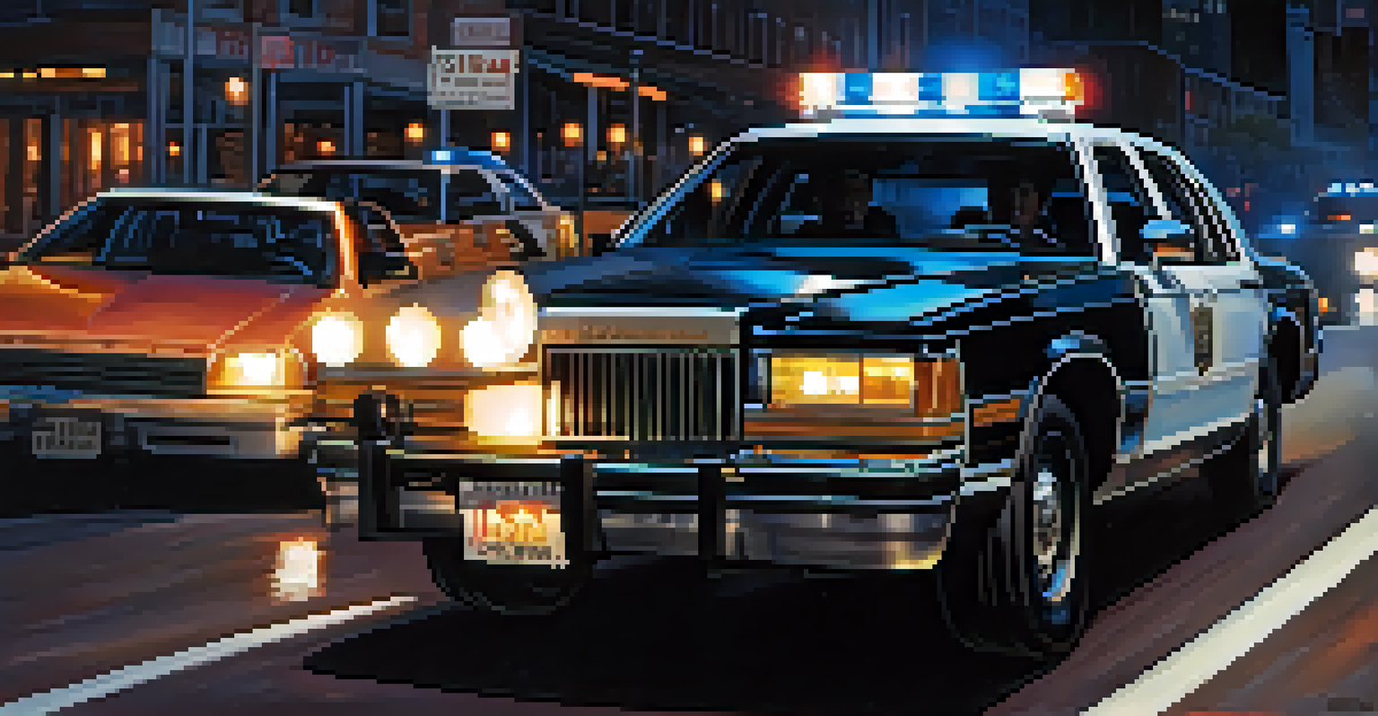 A police officer conducting a traffic stop at night, focusing on a driver in their vehicle with city lights in the background.