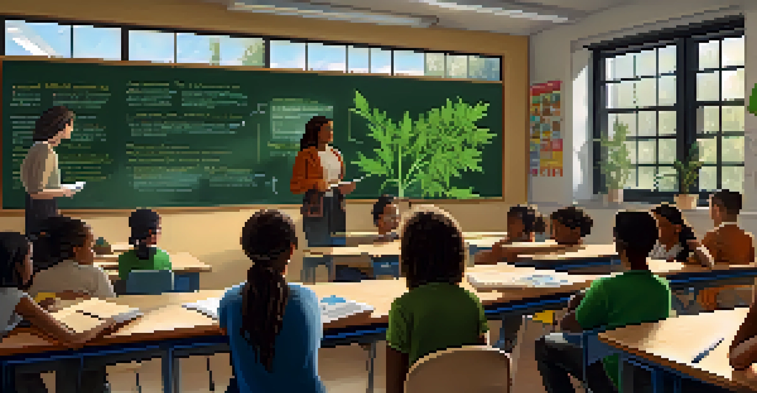 A classroom with a teacher discussing marijuana's effects on mental health, with diverse students engaged in the lesson and natural light coming through the windows.
