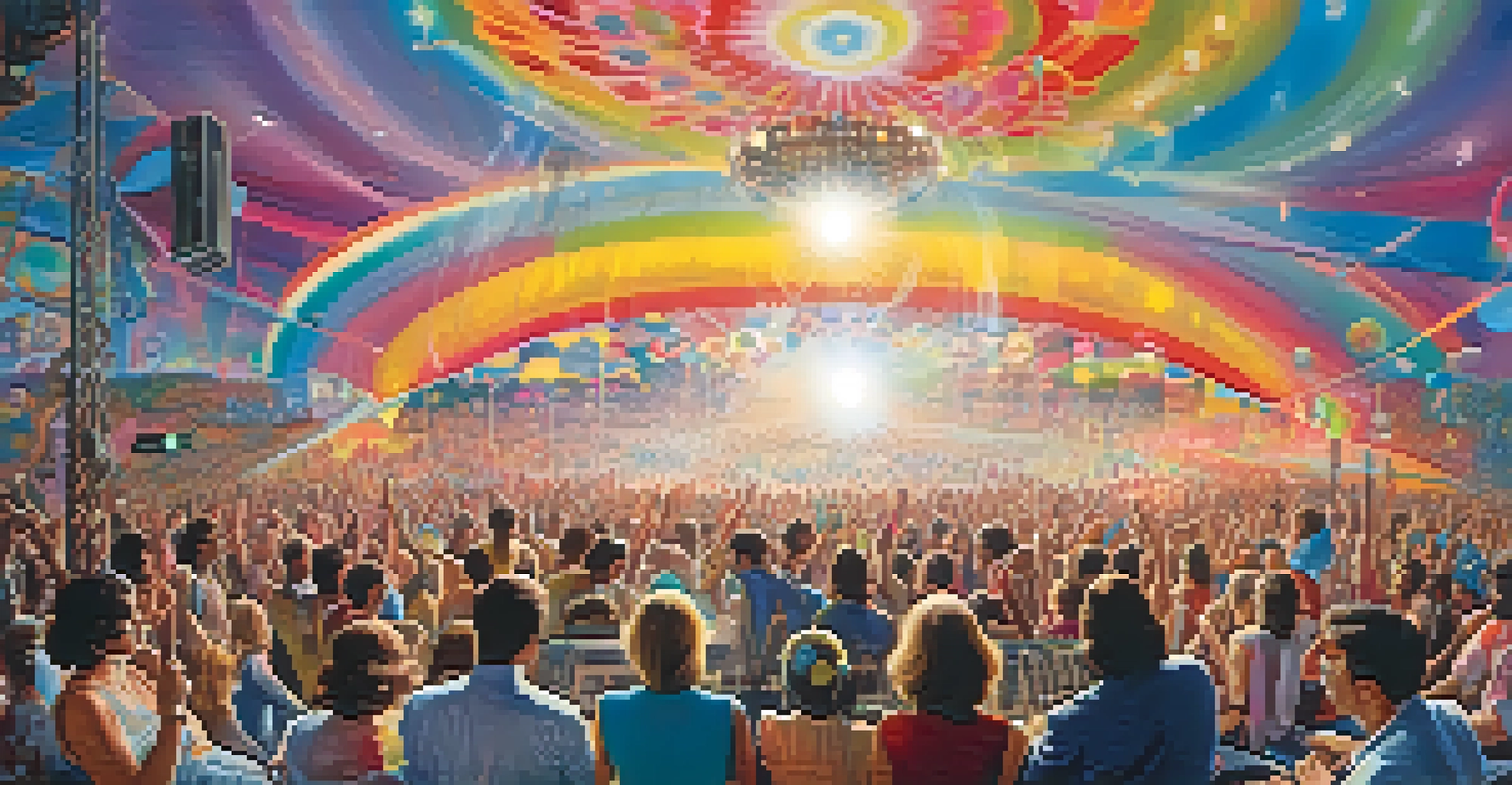 A psychedelic rock concert with a colorful band on stage and an engaged audience, representing the spirit of the 1960s.
