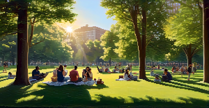 A peaceful park setting at sunset, featuring people having a picnic and using laptops, surrounded by greenery and sunlight.