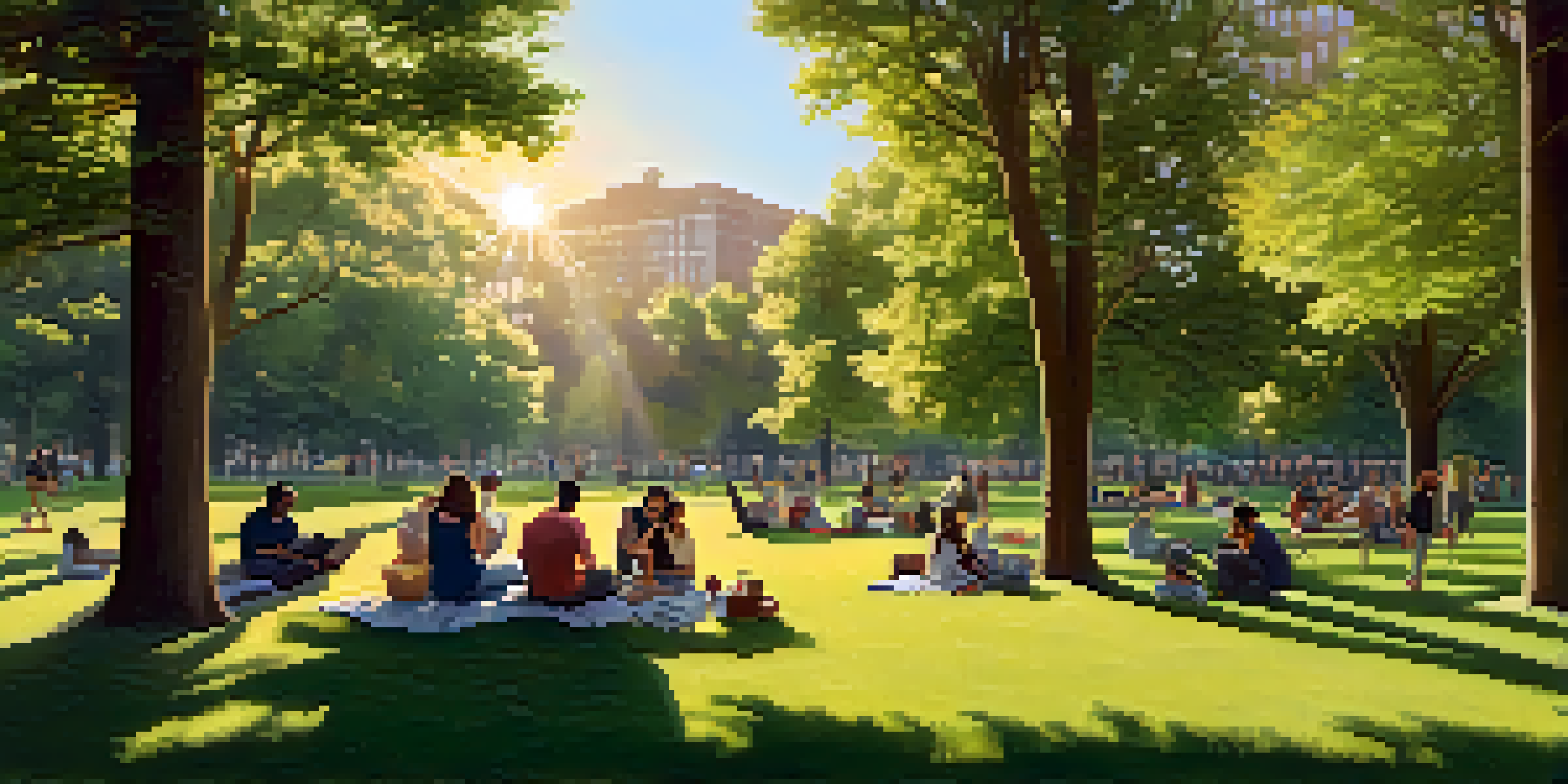 A peaceful park setting at sunset, featuring people having a picnic and using laptops, surrounded by greenery and sunlight.