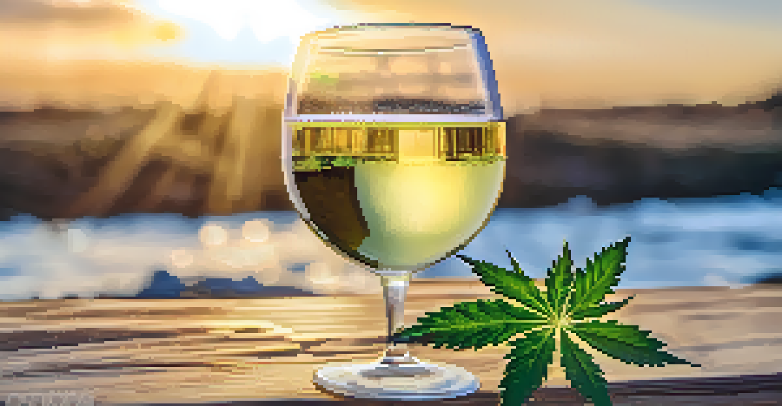 A close-up of a sparkling wine glass next to vibrant sativa cannabis buds on a rustic wooden table.