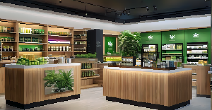 Interior of a modern cannabis dispensary with wooden shelves, colorful product labels, and staff assisting customers.