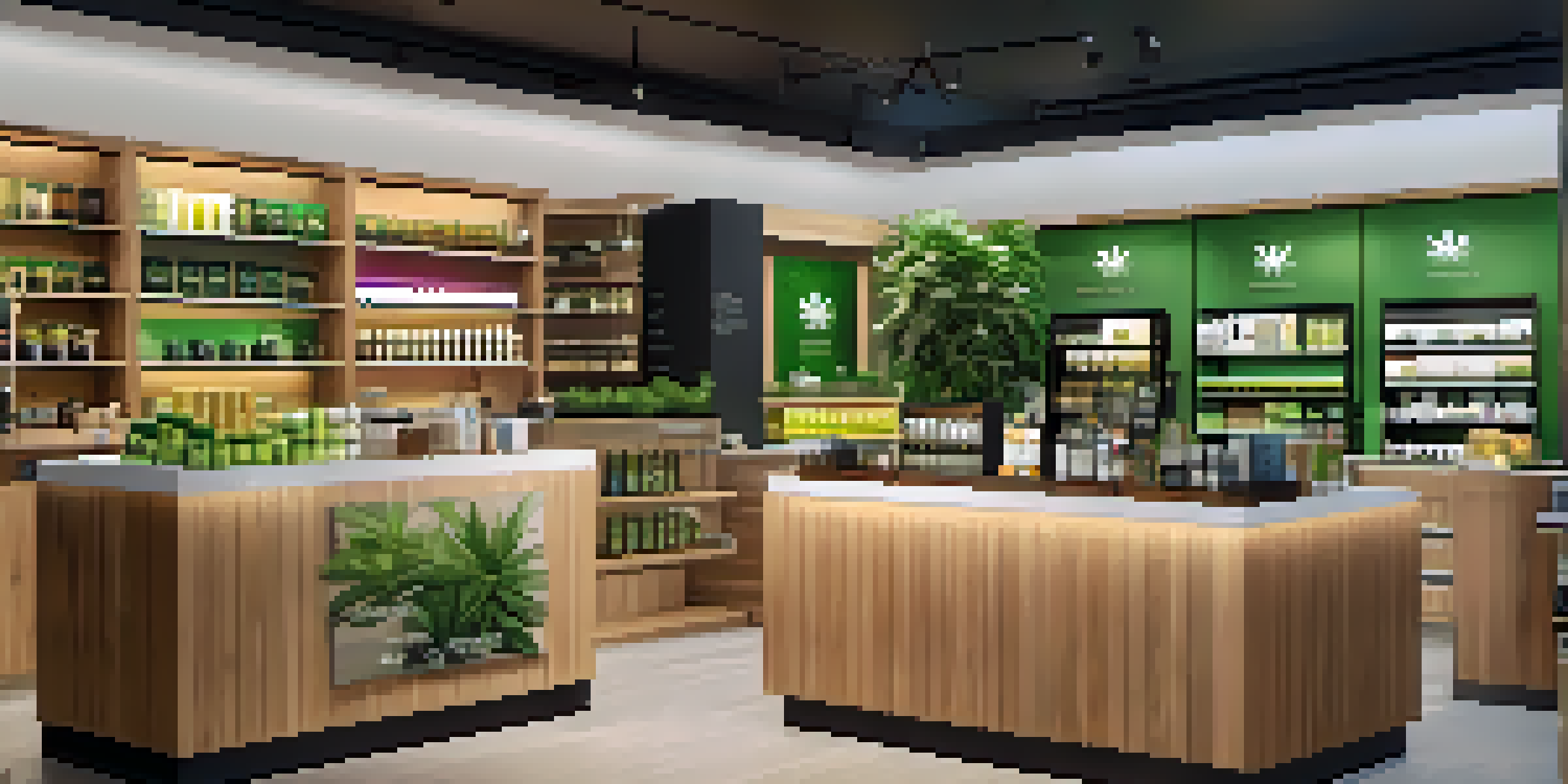 Interior of a modern cannabis dispensary with wooden shelves, colorful product labels, and staff assisting customers.