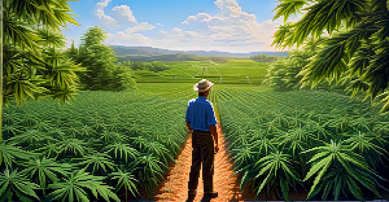 A cannabis farm with rows of plants under a blue sky, featuring a farmer inspecting the crops.