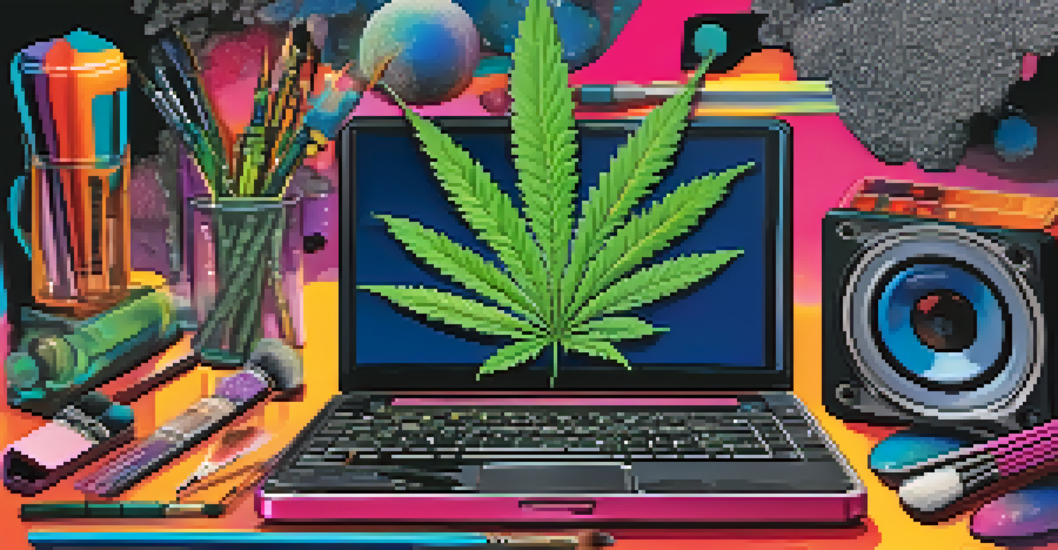 A cannabis plant with artistic tools like paintbrushes and a laptop, set against a vibrant abstract background.