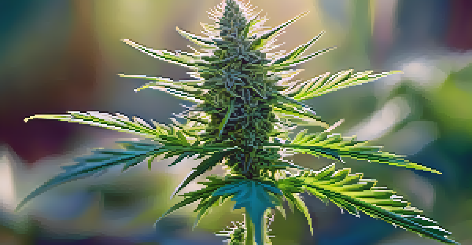 Close-up of a cannabis plant highlighting its green leaves and trichomes in natural light.