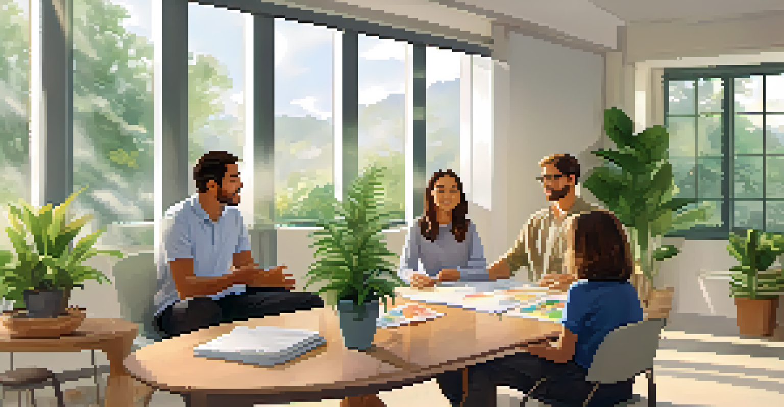 A family in therapy with a therapist, discussing their feelings in a bright office setting.