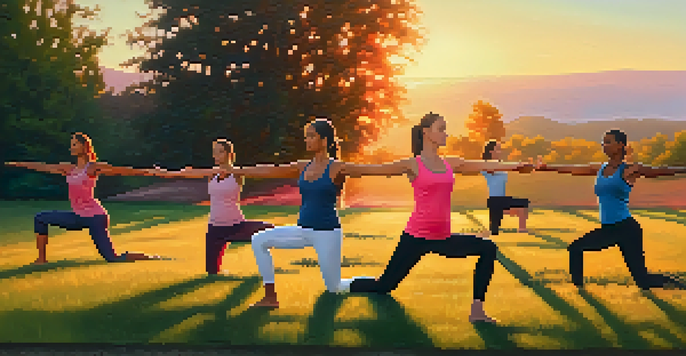 A group of diverse athletes practicing yoga on a grassy field during sunset, with warm golden light and a colorful sky.