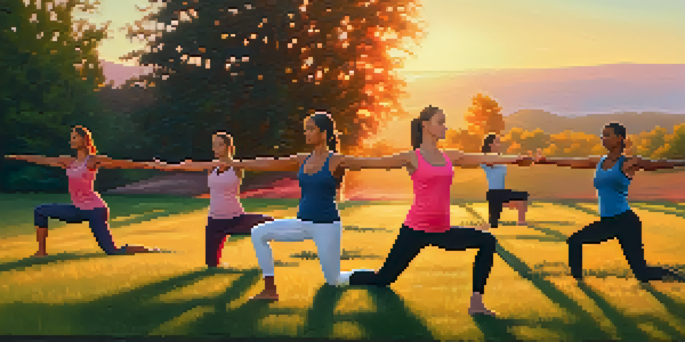 A group of diverse athletes practicing yoga on a grassy field during sunset, with warm golden light and a colorful sky.