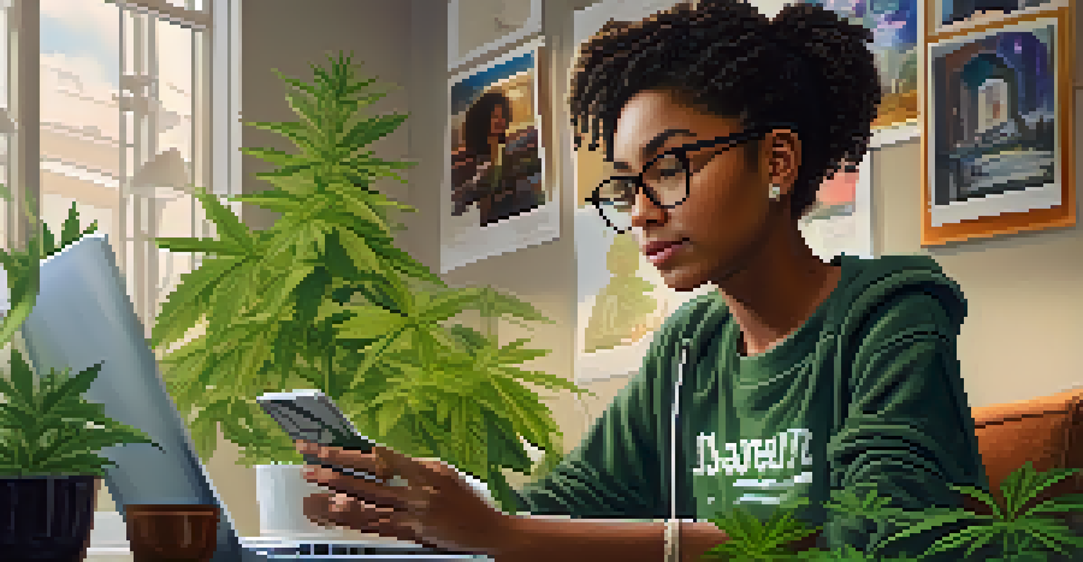 A young activist using a smartphone in a modern workspace to promote marijuana reform on social media.
