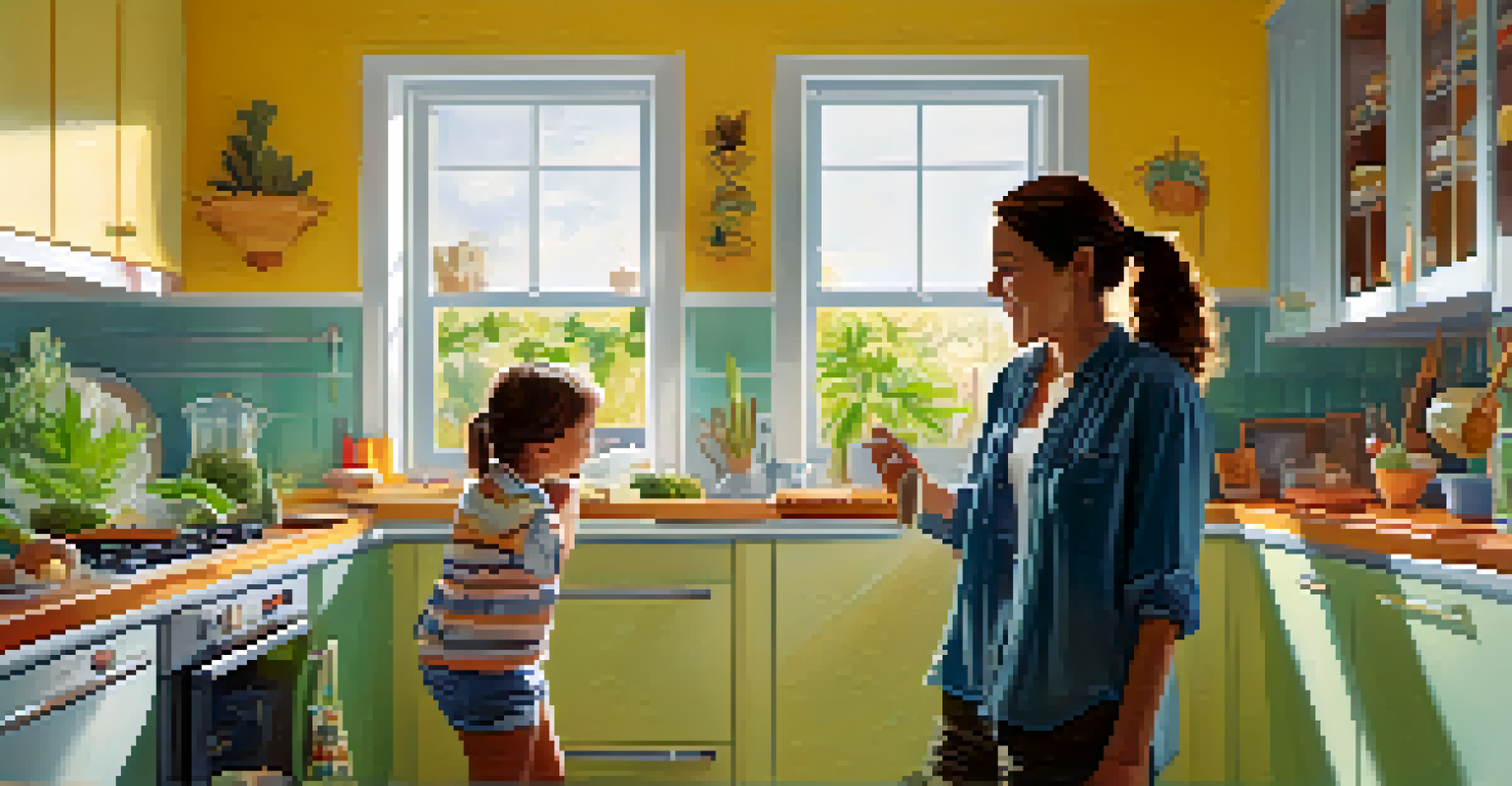 A parent and child having a conversation about cannabis in a bright kitchen, fostering understanding.