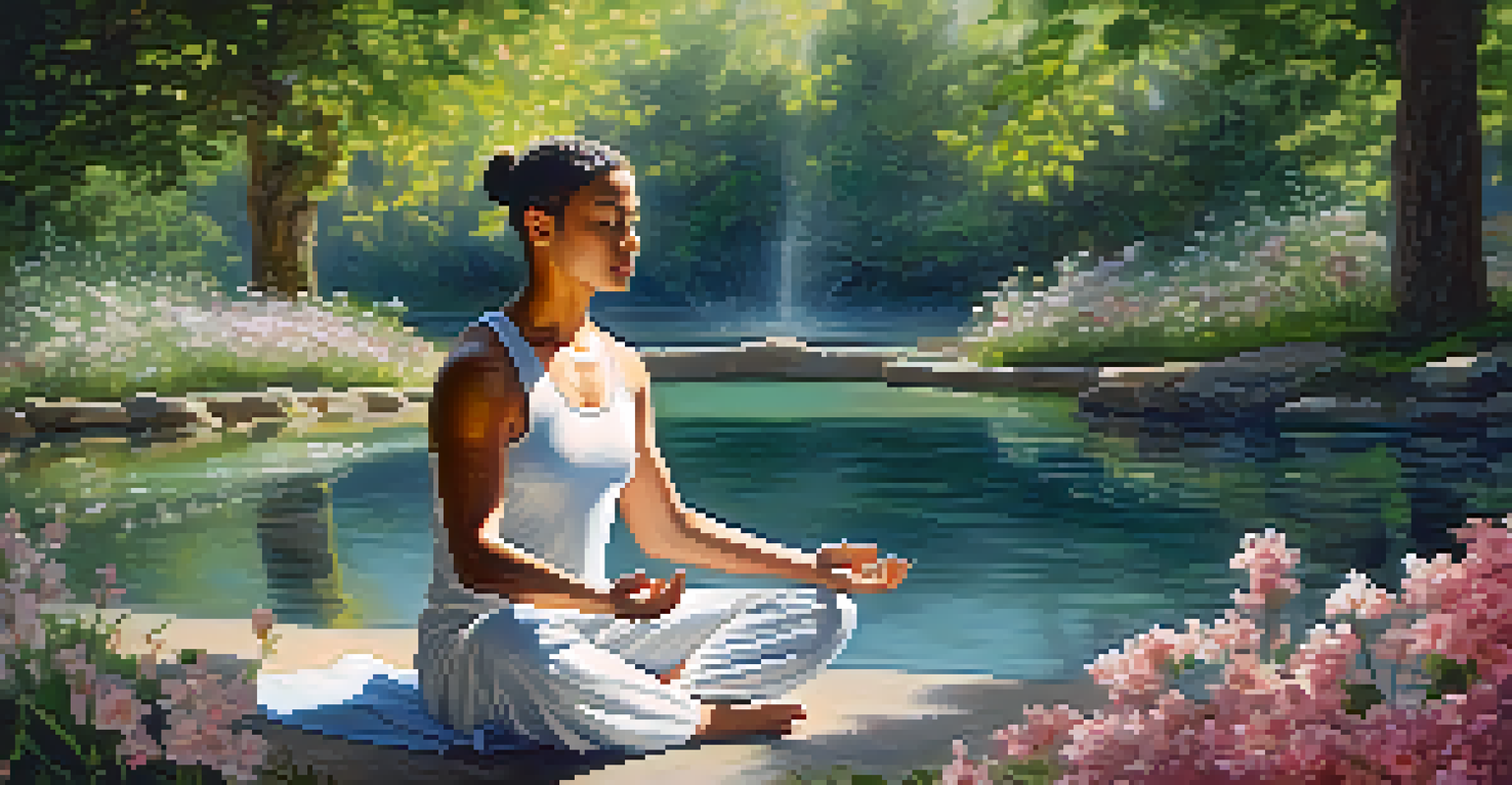 An athlete meditating in a tranquil garden, surrounded by flowers and flowing water, with soft sunlight illuminating the scene.