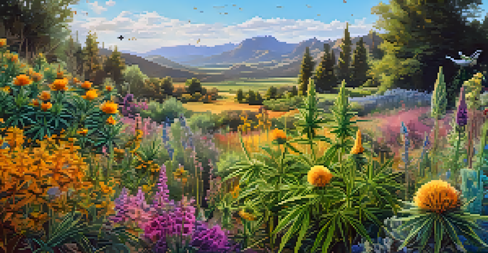 A colorful cannabis farm with various plants and flowers, illuminated by golden sunlight, and buzzing with pollinators, creating a lively ecosystem.