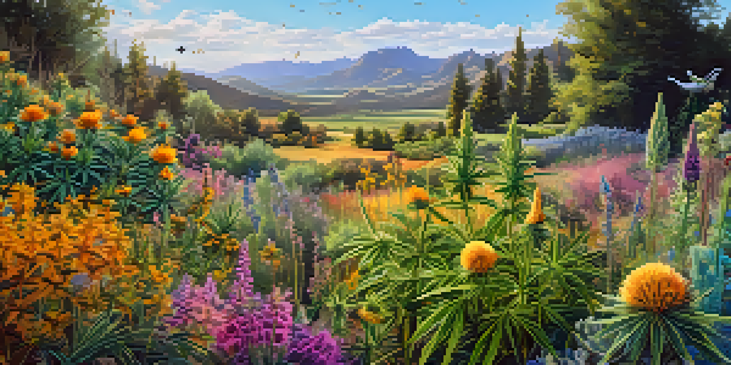 A colorful cannabis farm with various plants and flowers, illuminated by golden sunlight, and buzzing with pollinators, creating a lively ecosystem.