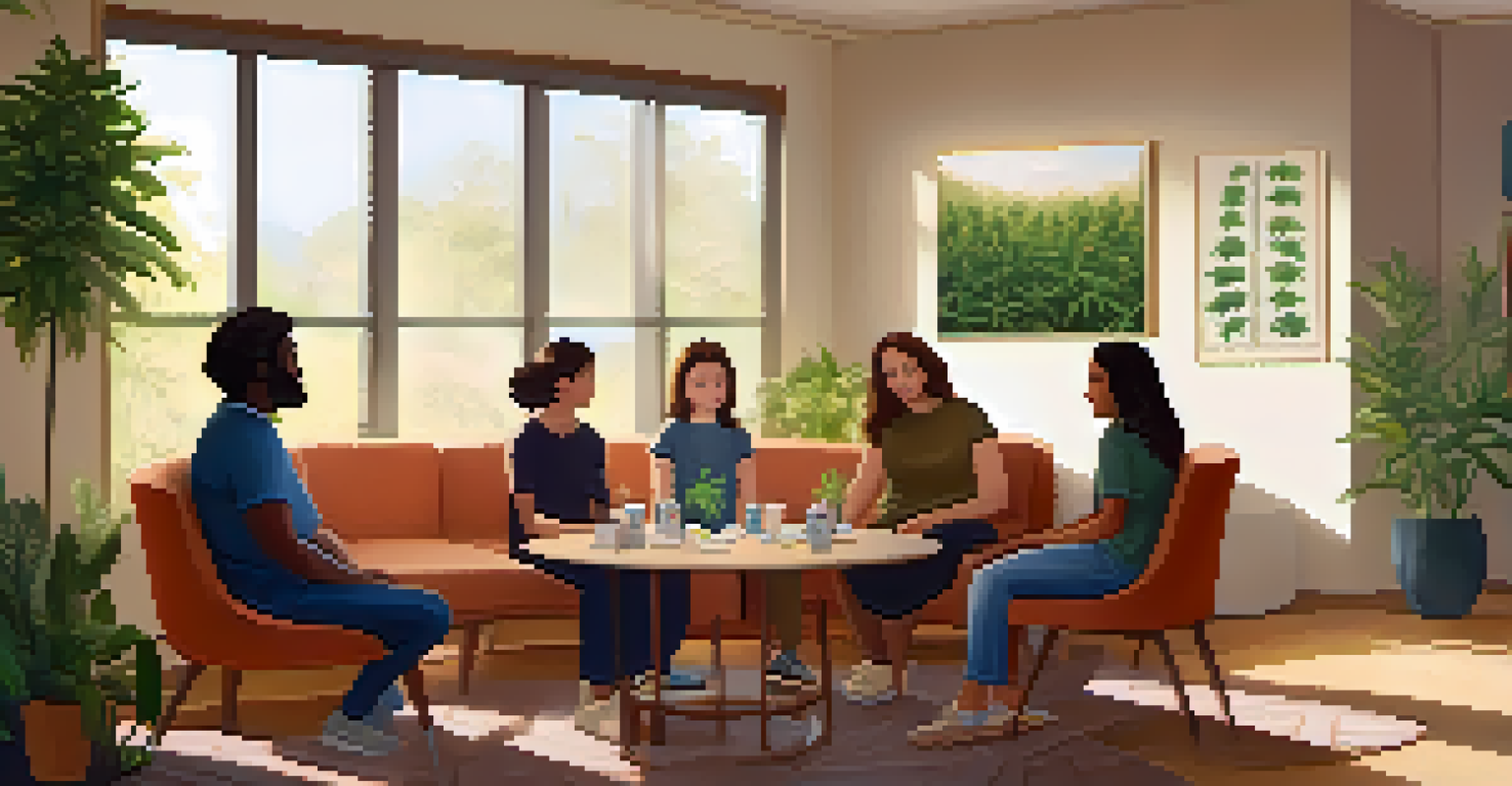 A family therapy session in a softly lit room, where a therapist facilitates a discussion about marijuana use among family members.