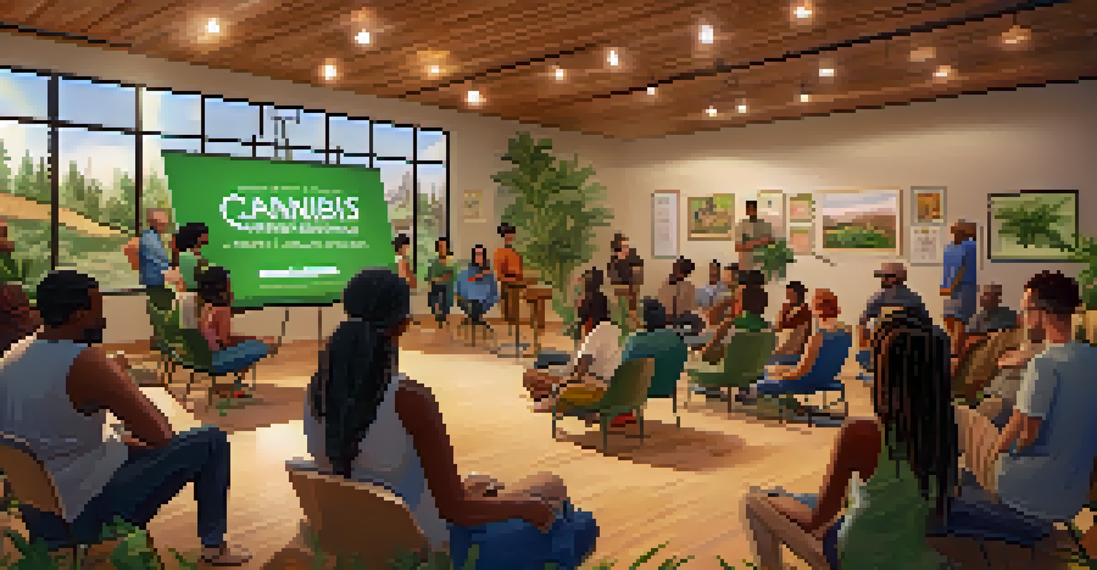 A community workshop with diverse participants discussing cannabis policies and health benefits, featuring a presenter and educational visuals in a cozy setting.