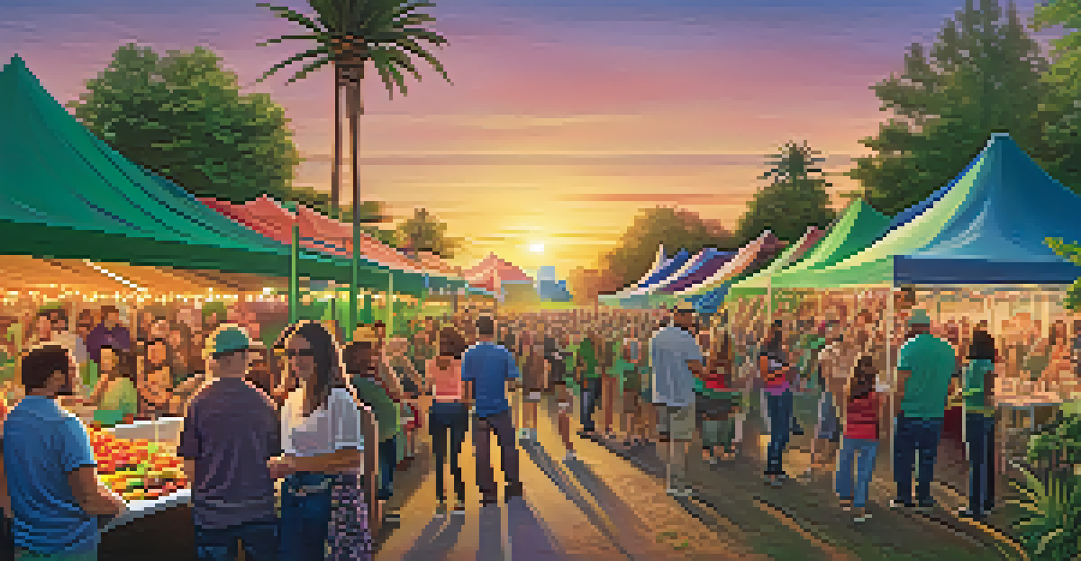 A community event with vendors showcasing cannabis products, families enjoying live music and activities.