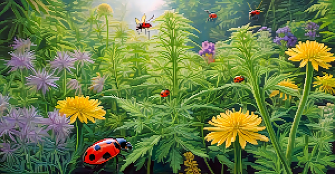 A lush cannabis garden with various flowering herbs and beneficial insects like ladybugs, illuminated by gentle sunlight.
