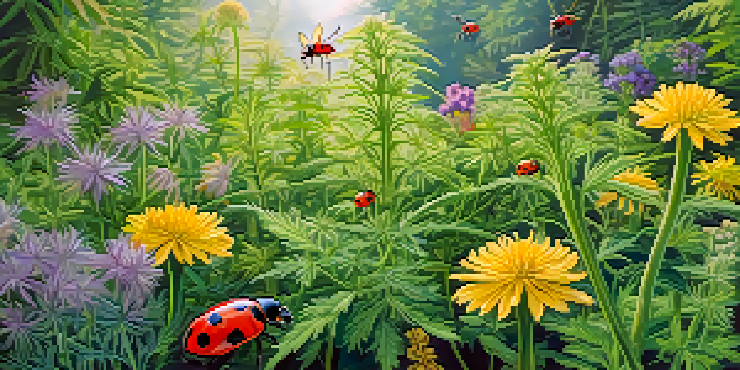 A lush cannabis garden with various flowering herbs and beneficial insects like ladybugs, illuminated by gentle sunlight.