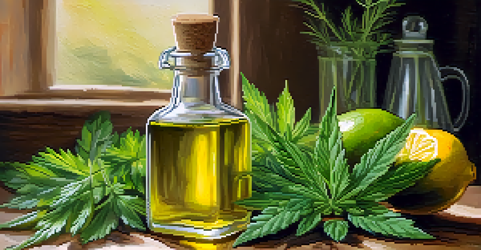 A close-up of a glass bottle of cannabis-infused olive oil surrounded by fresh herbs and citrus fruits, set in a rustic kitchen.
