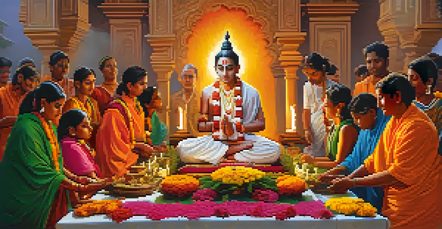Devotees performing a sacred Hindu ritual with marijuana offerings at a vibrant altar, surrounded by incense smoke and candlelight.