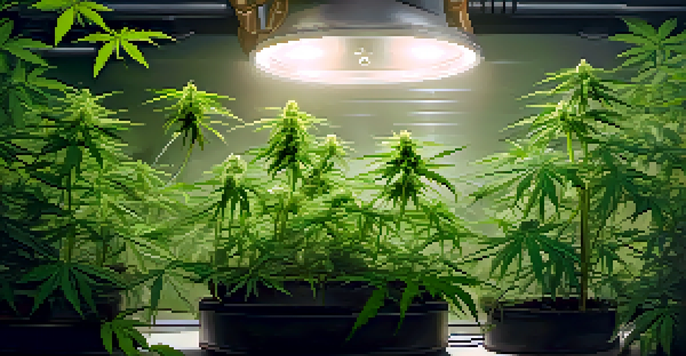 A close-up of healthy cannabis plants with moisture droplets, a dehumidifier, and hygrometer in a warm-lit indoor environment.