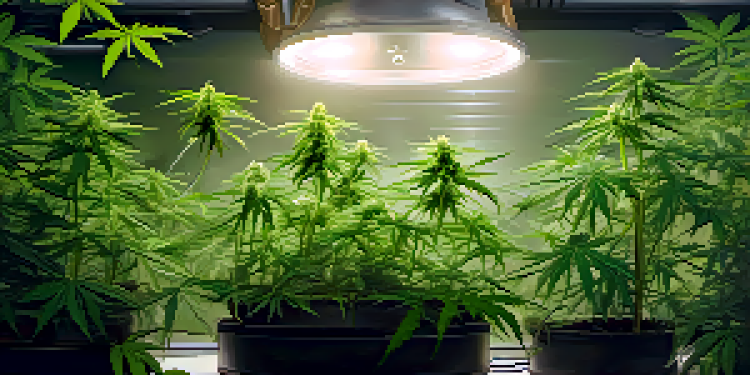A close-up of healthy cannabis plants with moisture droplets, a dehumidifier, and hygrometer in a warm-lit indoor environment.