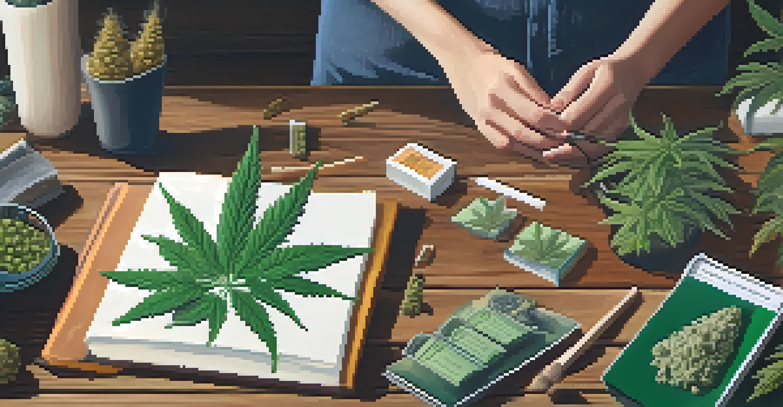 Close-up of hands holding cannabis plants and products on a wooden table.