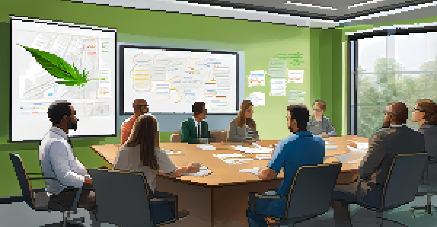 A group discussion in a meeting room about marijuana regulation with notes on a whiteboard.