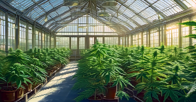 A cannabis plant growing in a greenhouse with sunlight filtering through glass, highlighting the green leaves and soft shadows.