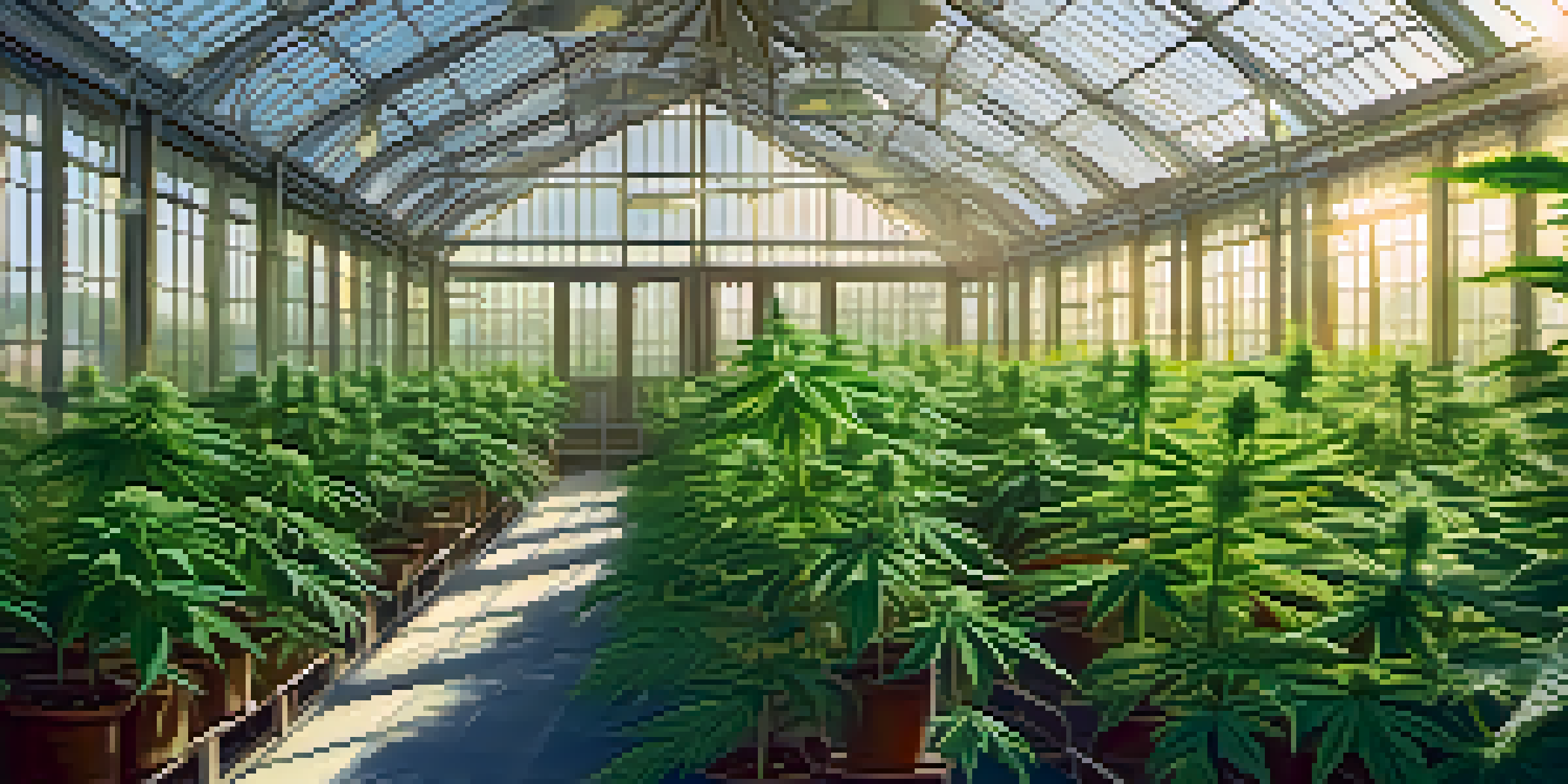 A cannabis plant growing in a greenhouse with sunlight filtering through glass, highlighting the green leaves and soft shadows.