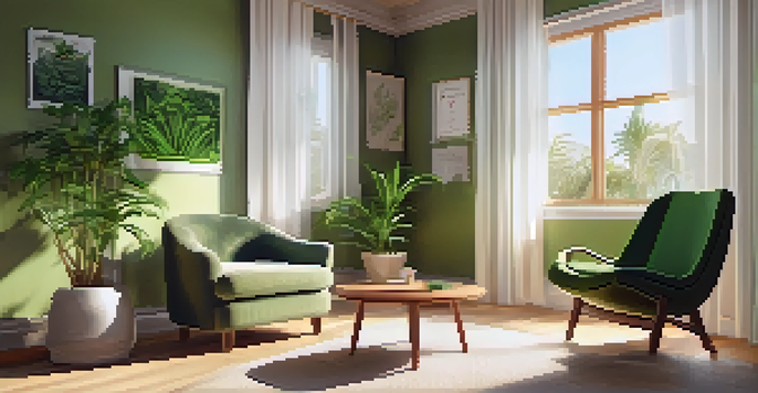 A bright room with an armchair and a wooden table displaying a digital health app on a tablet, surrounded by green plants and filtered sunlight.