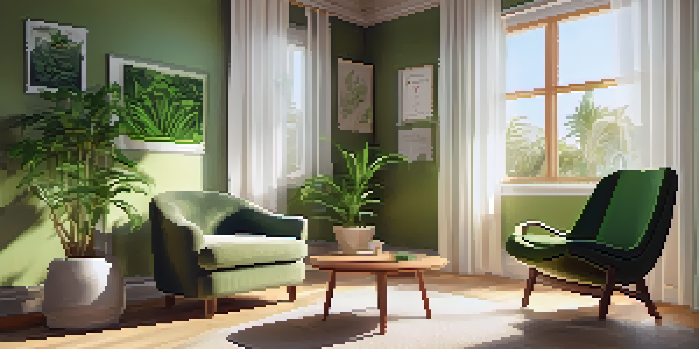 A bright room with an armchair and a wooden table displaying a digital health app on a tablet, surrounded by green plants and filtered sunlight.