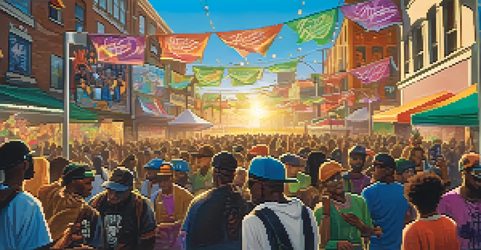A lively hip-hop festival scene with artists performing on stage and colorful cannabis-themed booths, capturing the vibrant atmosphere of the event.