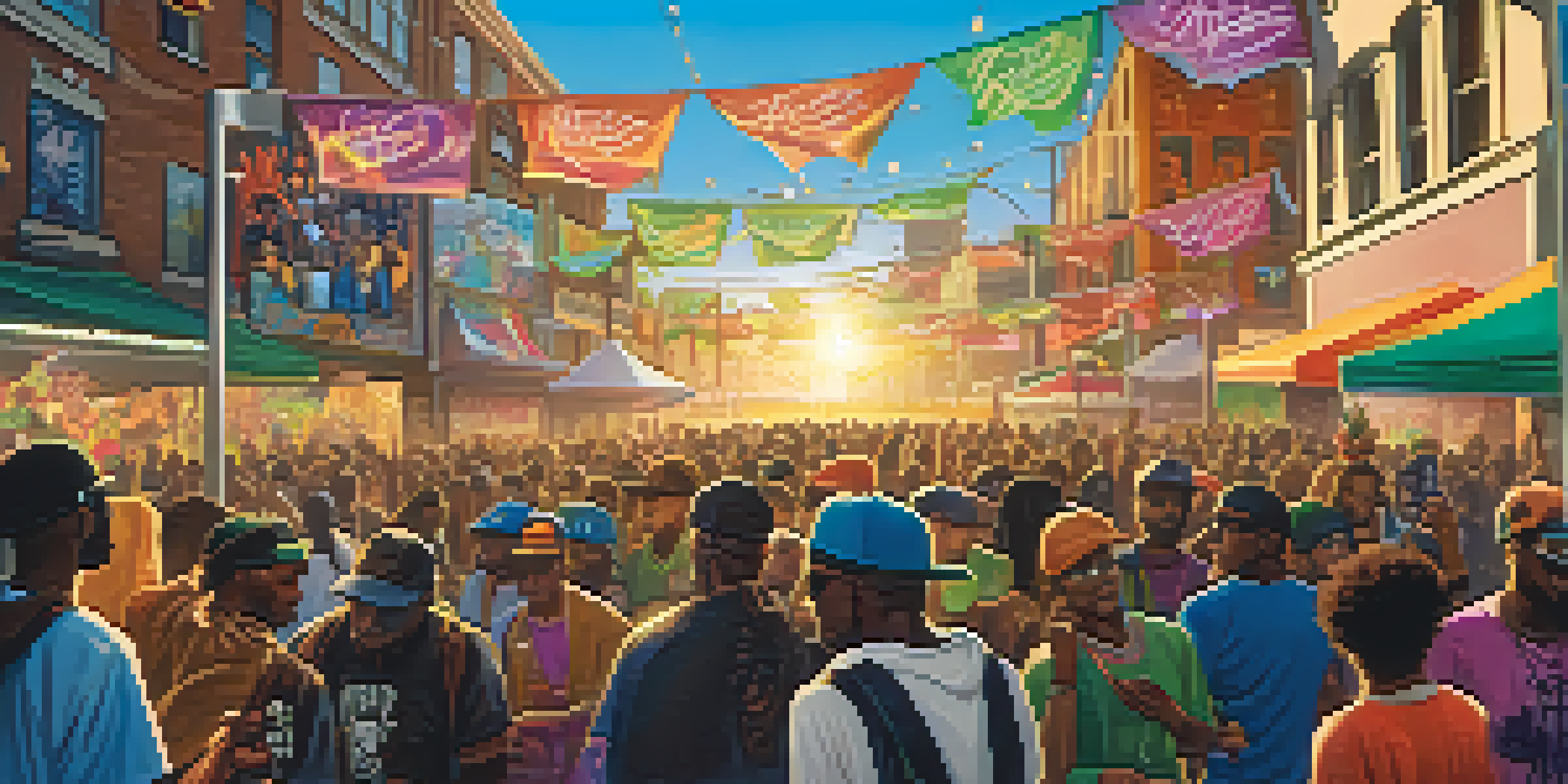 A lively hip-hop festival scene with artists performing on stage and colorful cannabis-themed booths, capturing the vibrant atmosphere of the event.
