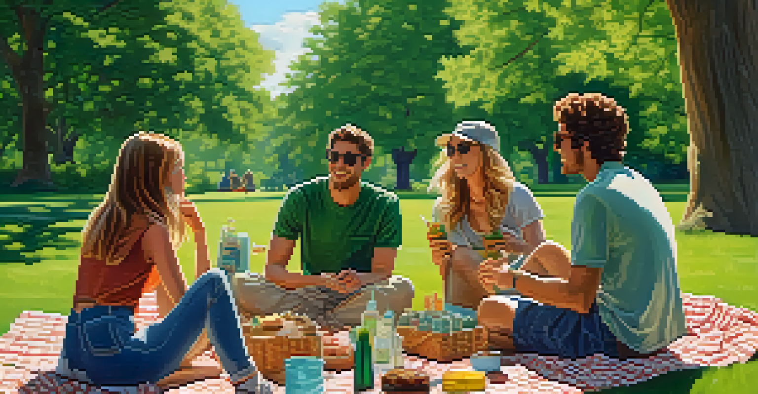 Friends having a picnic in a park, with cannabis-themed items on a blanket, surrounded by nature.