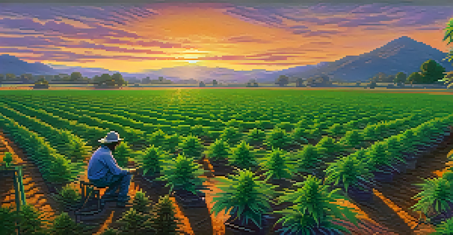A peaceful cannabis farm at sunset with rows of plants and a farmer tending to the crops in a colorful sky.