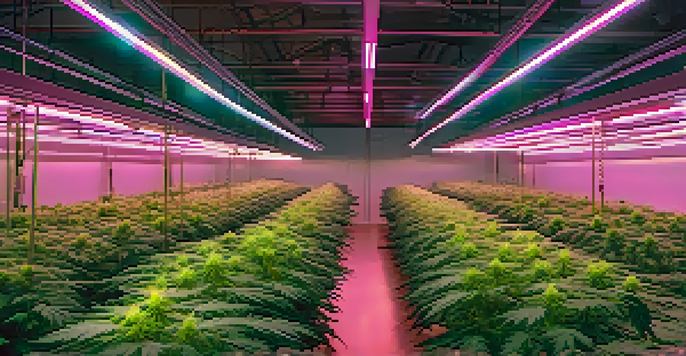 An indoor cannabis cultivation facility filled with healthy marijuana plants, bright lights, and high-tech systems.