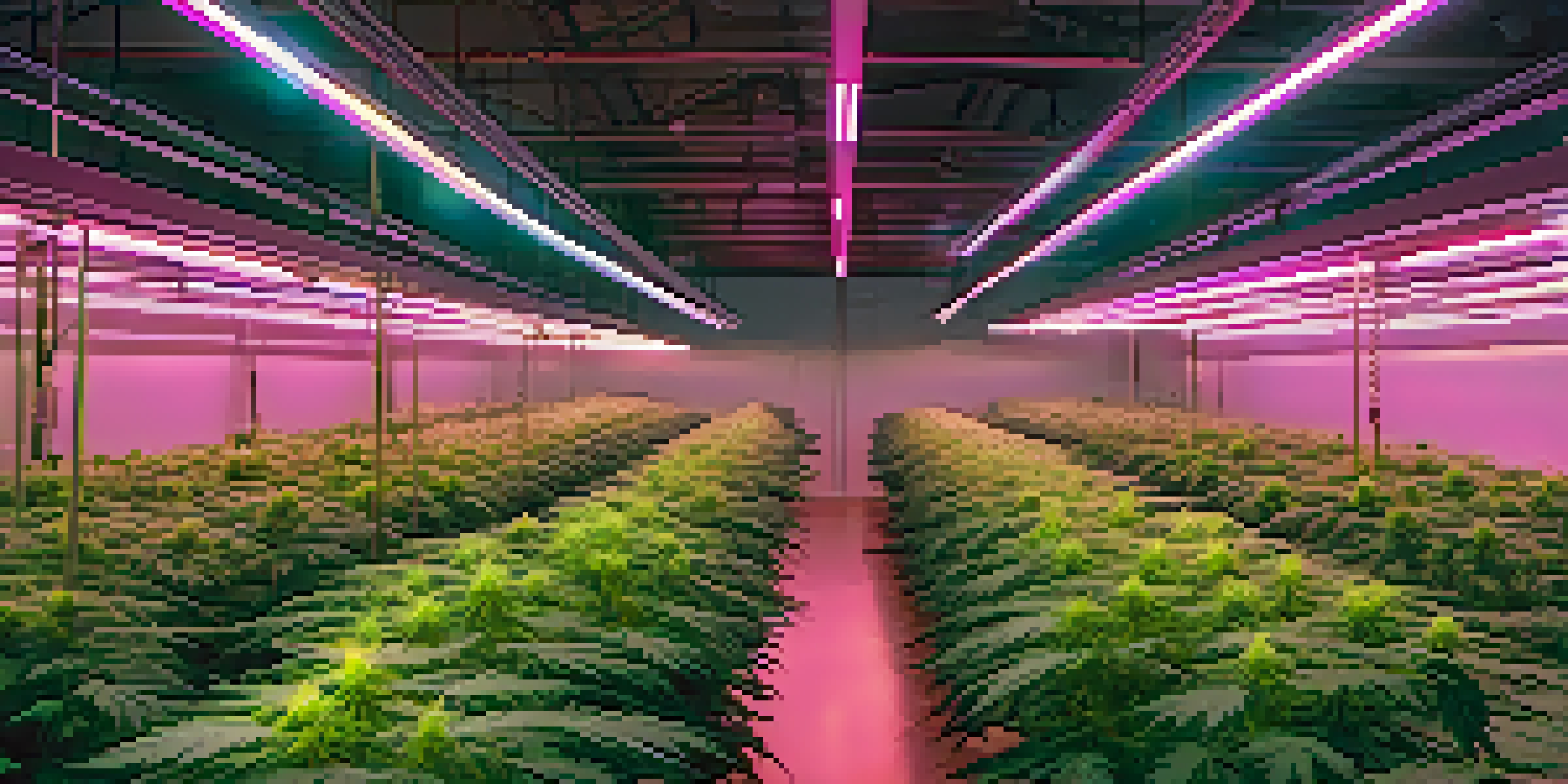 An indoor cannabis cultivation facility filled with healthy marijuana plants, bright lights, and high-tech systems.