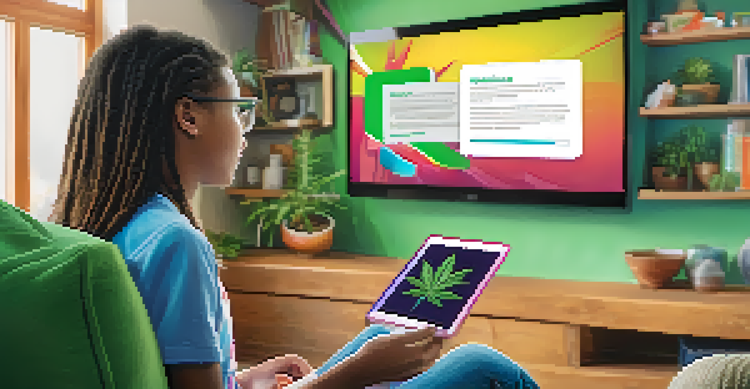 A teenager using a tablet to access an online marijuana education platform in a cozy living room setting.